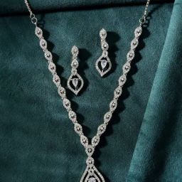 VOJ Silver Adjustable Tear Drop Shaped AD Necklace & Earring Sets-25