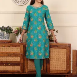 W Teal Cotton Floral Print Straight Kurta-image-7