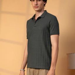 Campus Sutra Grey Regular Fit Self Pattern Polo T-Shirt-image-90