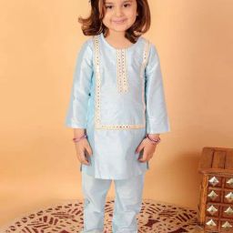 VASTRAMAY Girls Aqua Blue Embroidery Clothing Sets-image-18