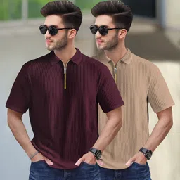 TRIPR Men Pack of 2 Striped Polo Collar T-shirt-image-53