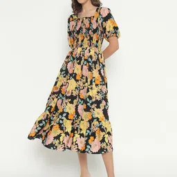Femvy Floral Print Smocked Fit & Flare Dress-picture-32