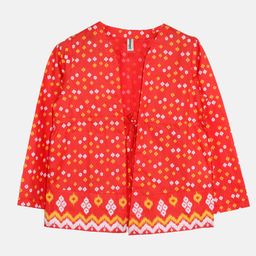 Kiddopanti Full Sleeves Bandhani Designed & Front Tie Up Shrug - Red-picture-46
