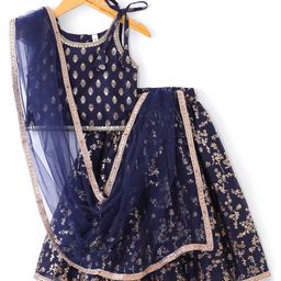Babyhug Velvet Sleeveless Embroidered Choli with Foil Printed Lehenga and Dupatta Set - Navy Blue-image-19