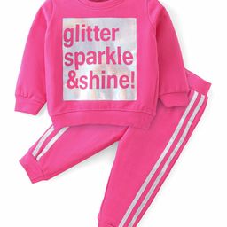 Babyhug Cotton Knit Full Sleeves T-Shirt & Lounge Pant Set Text Printed - Pink-image-94