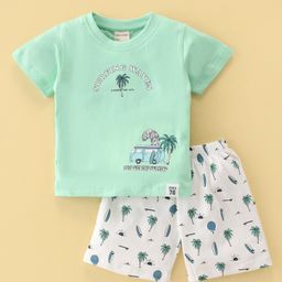 Cucumber Sinker Knit Half Sleeves Nightwear Suit With Tropical Print - Green-image-73