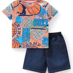Babyhug Single Jersey Knit Half Sleeves T-Shirt & Shorts Set with Basketball Theme  Print - Multicolour-image-43