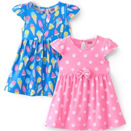 Babyhug Single Jersey Knit Cap Sleeves Frocks with Polka Dots & Ice Cream Print Bow Applique - Pink & Blue-picture-9