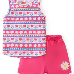 Babyhug 100% Cotton Single Jersey Sleeveless Sando Shorts Set Floral Print - Multicolor-image-93
