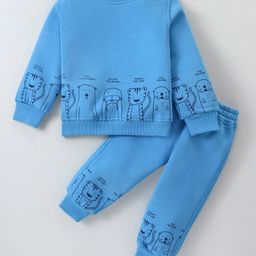 Little Kangaroos Cotton Knit Full Sleeves Winter Wear Sweatshirt & Jogger Pants Set Animal Print - Blue-picture-21