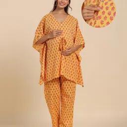 Ikk Kudi by Seerat Cotton Woven Three Fourth Batwing Sleeves Floral Motif Printed Kaftan Top With Zipper Nursing Access & Pant Set - Yellow-picture-19