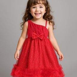 Babyhug Woven Sleeveless Party Frock with Bow Ruffles & Glitter Print - Red-picture-13