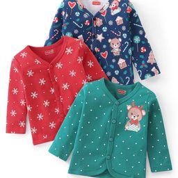 Babyhug 100% Interlock Cotton Knit Full Sleeves Front Open Vests with Polka Dots & Christmas Theme Print Pack of 3 - Navy Blue Red & Green-picture-13