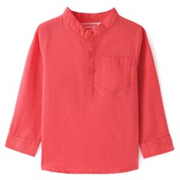 Babyhug Cotton Linen Woven Full Sleeves Mandarin Collar Solid Kurta Shirt - Coral-image-7