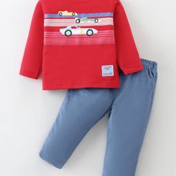 ToffyHouse 100% Cotton Fleece Knit Full Sleeves T-Shirt & Corduroy Pants Set With Cars Print - Red-image-22
