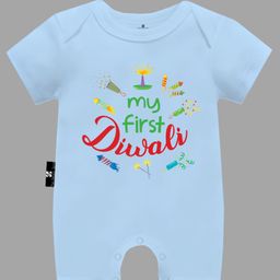The Peppy Tend Diwali Theme 100% Cotton Half Sleeves My First Diwali Text Printed Half Romper - Blue-picture-18
