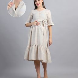 Moms Maternity Khadi Cotton Three Fourth Sleeves Checked Maternity Dress With Front Button Open Nursing Access - Off White-image-12