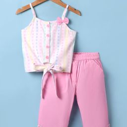 Tweetoons Cotton Knit Sleeveless Front Open Printed Top & Lounge Pant Set With Bow Applique - Pink-image-31