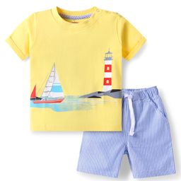 Babyhug Single Jersey Knit Half Sleeves T-Shirt & Shorts Set with Beach Theme Print - Yellow-image-70
