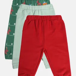 MINI KLUB Cotton Pack Of 3 Solid & Reindeer Printed Joggers - Green Blue & Red-picture-1