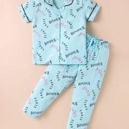 Doreme Single Jersey Knit Half Sleeves Night Suit With Bonjour Print - Light Blue-picture-6