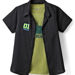 Pine Kids Viscose Woven Half Sleeves Shirt with T-Shirt & Text Print - Black & Green-image-33