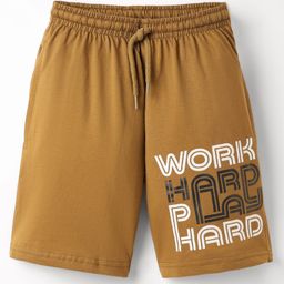 Taeko Single Jersey Knit Knee Length Shorts with Work Hard Play Hard Text Print - Bronze-image-20
