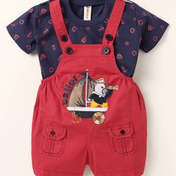 Dapper Dudes Embosis Hosiery Sailor Patch Embroidered Dungaree With Half Sleeves Tee - Red-picture-21