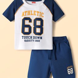 Babyhug Single Jersey Knit Half Raglan Sleeves T-Shirt & Short Set With Text Print - Navy Blue & White-picture-15