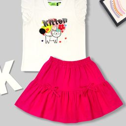 Tiara Pure Cotton Jersey Frill Sleeves Cat Printed Top & Skirt Set - Pink-image-37