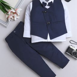 Fourfolds Woven Full Sleeves Solid 3 Piece Party Suit Set With Bow - Navy Blue-image-93
