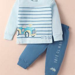 CUCUMBER Sinker Knit Full Sleeves T-Shirt & Lounge Pant Set With Car Print - Light Blue-image-95