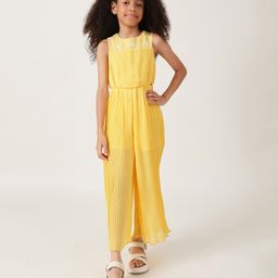 One Friday Woven Sleeveless Leaves Embroidered & Pleated Jumpsuits - Yellow-image-57