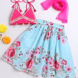 Many frocks & Cotton Rayon Woven Sleeveless Floral Printed & Gota Lace Embellished Lehenga Choli With Dupatta Set - Pink & Blue-image-4