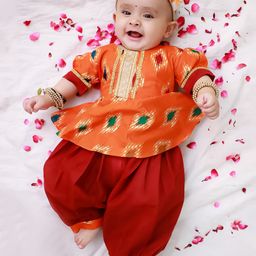KID1 Cotton Woven Three Fourth Sleeves Ikat Printed & Gota Lace Embellished Kurti Salwar Set - Orange-image-87