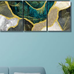 Aura Blue & Gold-Toned 3 Pieces Wooden Abstract Wall Paintings-54