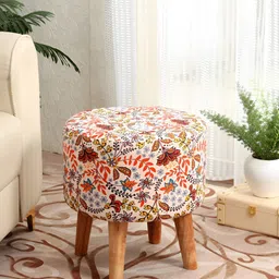 NACIA Pink & Orange Printed Wooden & Velvet Round Pouffes Stool Ottomans-image-75