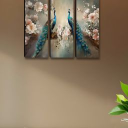 Aura Grey & Blue 3 Pieces Peacock Wooden Wall Art-30
