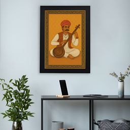 Giftii Black & Yellow The Melody Of The Desert Rajasthani Musician Wooden Wall Art-image-17