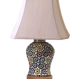 Devansh Off White Frustum Shaped Wooden Table Lamp With Mosaic Glass Base-24