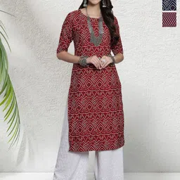 HERE&NOW Selection Of 3 Bandhani Printed Round Neck Straight Kurtas-image-51