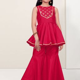 Sangria Girls Foil Printed Peplum Kurta With Sharara-image-14
