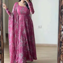 Femvy Floral Printed Empire Round Neck Anarkali Kurta With Dupatta-14