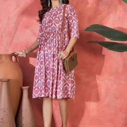 Sangria Floral Printed Fit & Flair Round Neck Knee Length Ethnic Dress-image-21