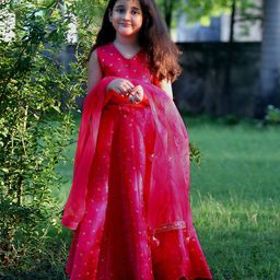 Piccolo Sleeveless Choli With All Over Embellishment Detailing Flared Lehenga & Dupatta - Pink-image-96
