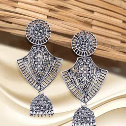 Anouk Rhodium-Plated Contemporary Shaped Oxidised Drop Earrings-21