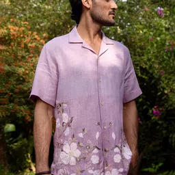 ASUKA Floral Printed Cutaway Collar Embroidered Relaxed Fit Linen Shirt-image-39