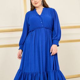 Styli Self Design Mandarin Collar Puff Sleeves Smocked Detail A-line Midi Dress-image-12
