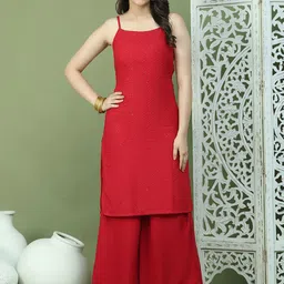Jompers Chevron Embroidered Sleeveless Sequinned Straight Kurta With Palazzos-48