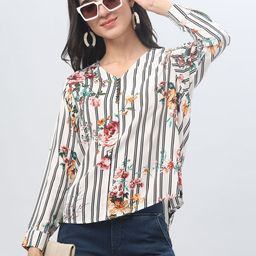 clobug Women Floral Printed Cuffed Sleeves V-Neck Top-image-18
